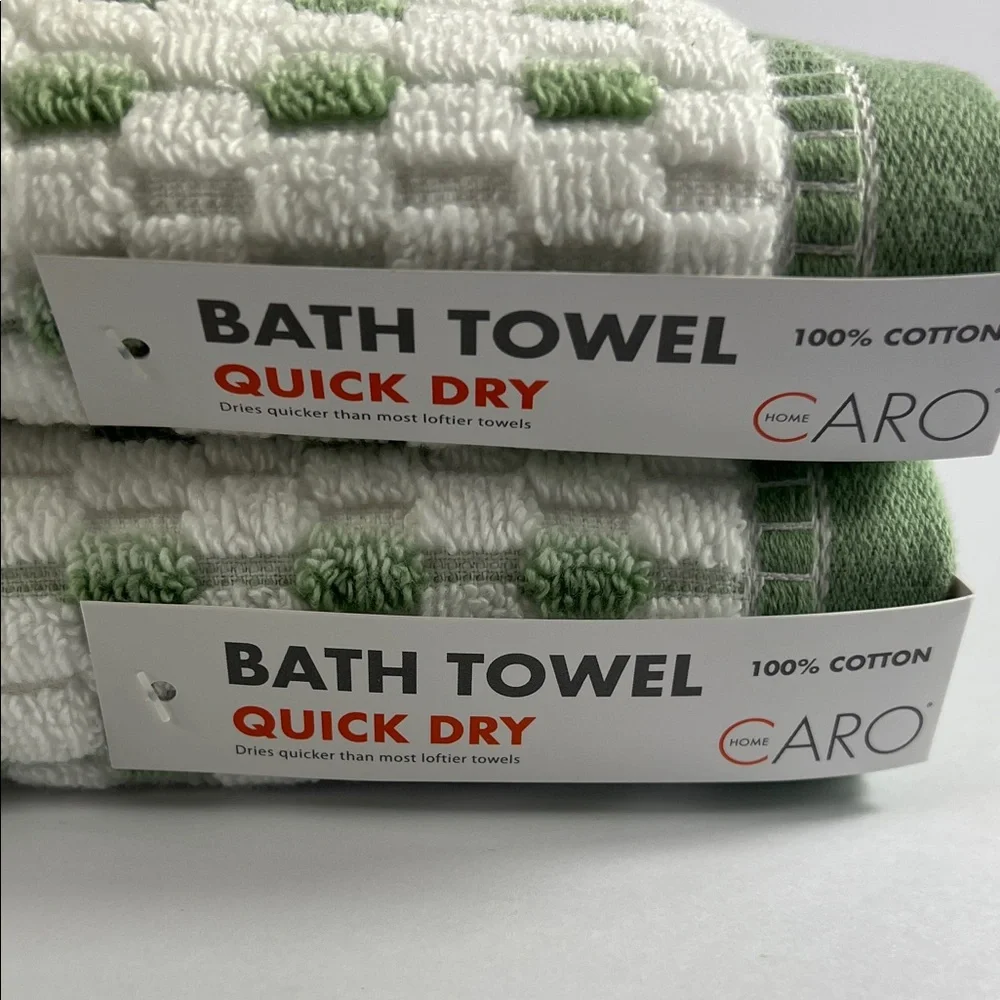 Caro Home Bath Towels Quick Dry Green and White Dot Print Cotton Set of 2 NEW